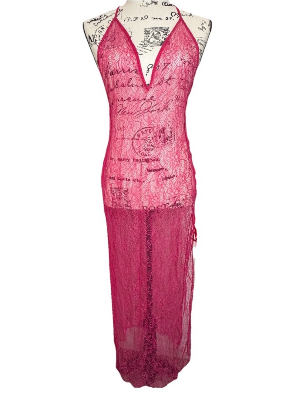 Sm Y2K VTG Victorias Secret Hot Pink Sheer Lace-Up Halter Maxi Dress Thong Sexy